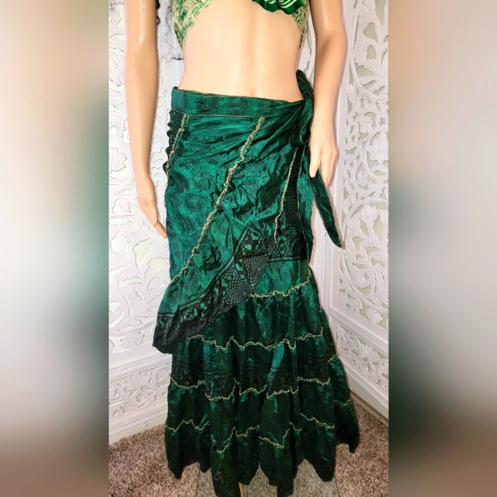 Exotic Boho Silk Hunter Green Reversible Wrap Maxi Skirt - Picture 6 of 11